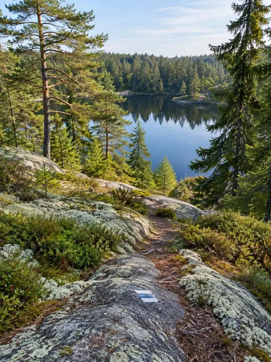 Polku jäkäläisen kallion yli kohti metsälampea Nuuksion kansallispuistossa, vanhoja mäntyjä ja kuusia